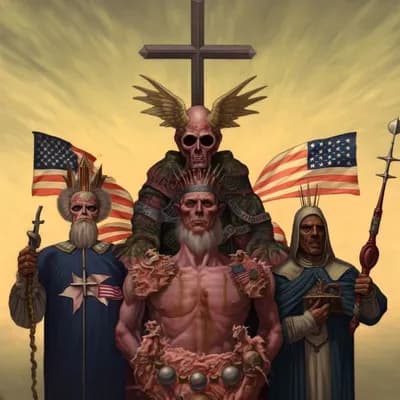AI generated video: Religion in America the wind moves the flags and the hair of the men, the camera zooms in 
