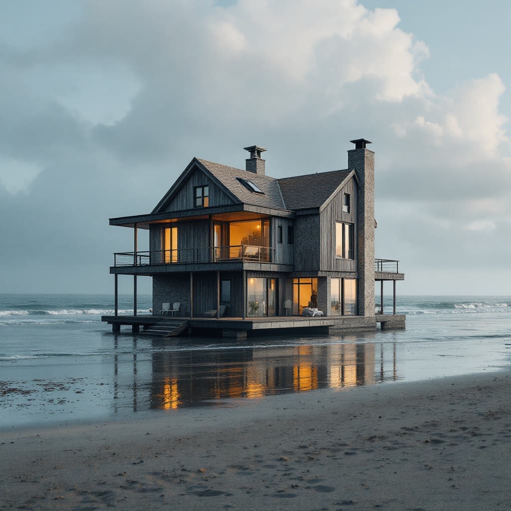 AI generated: create the house bauhaus on the beach, vintage picture, most realistic
