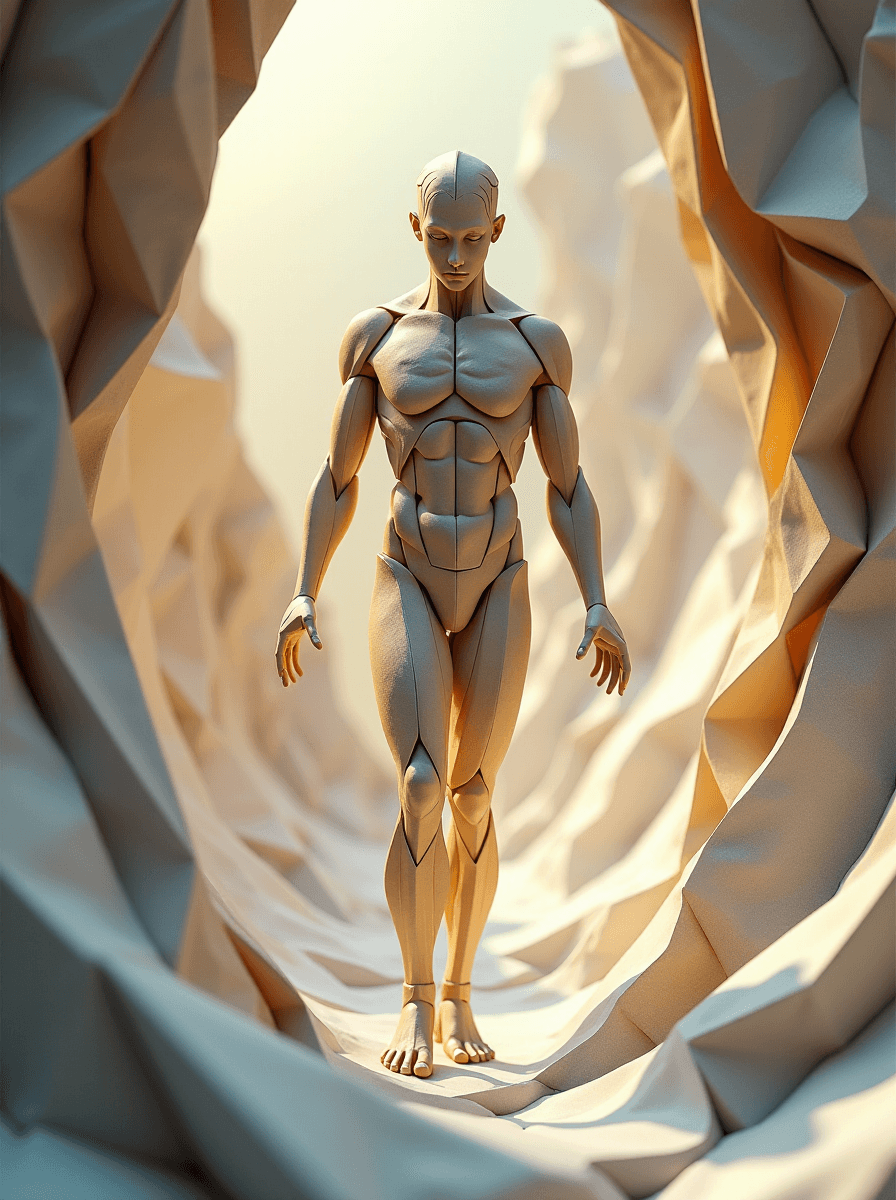 AI generated: Create a captivating origami-inspired digital artwork featuring an intricate paper folded man emergi...