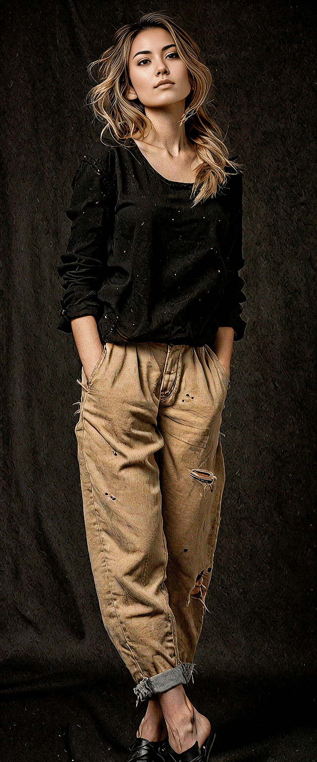 AI generated: A poised young woman stands with her hands in the pockets of her high-waisted, distressed khaki carg...