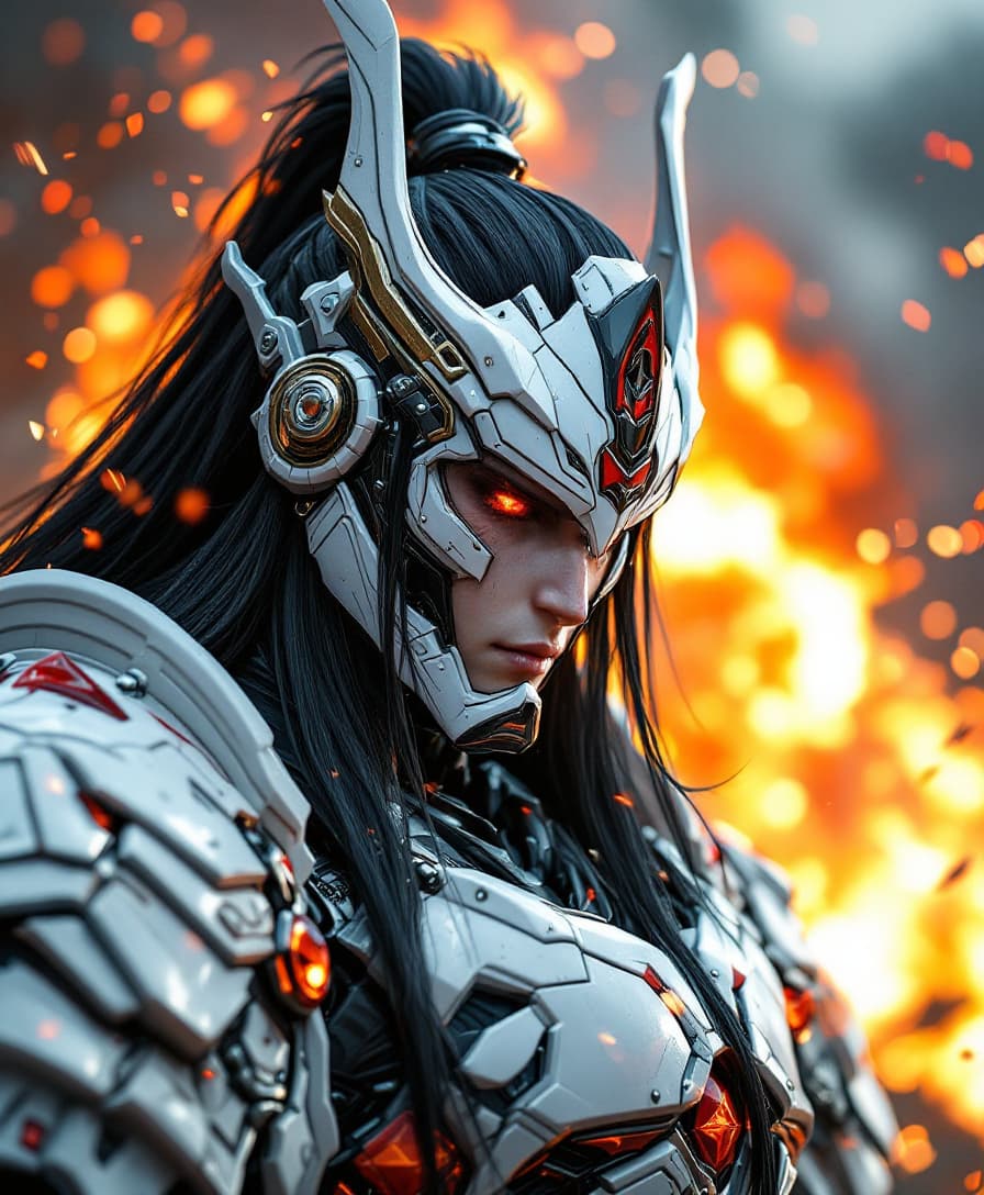 AI generated: Photo of a samurai mecha guy, an extreme detailed Transformers-style features, half cover facial arm...