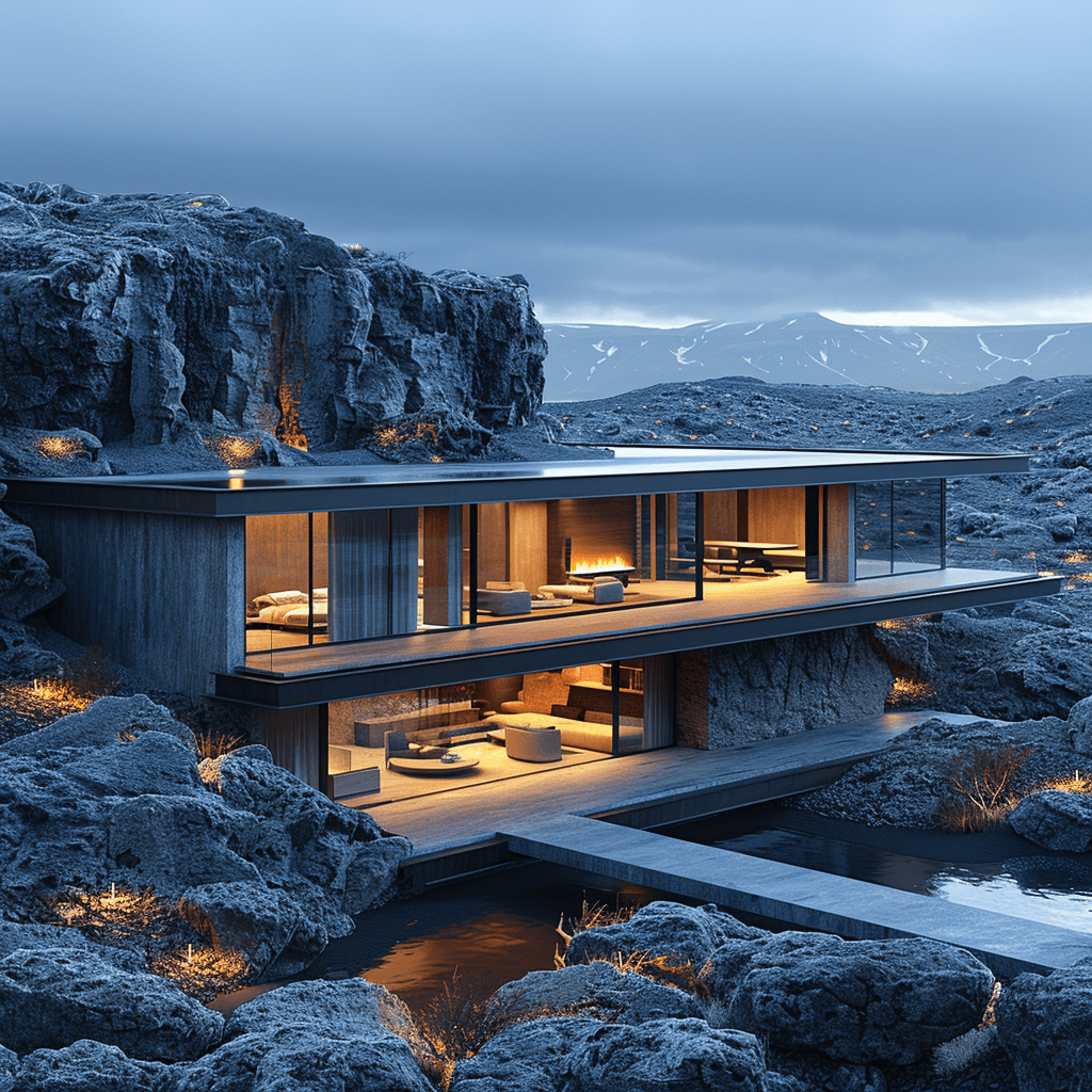 AI generated: modern minimalist residential house in Iceland, dramatic lighting, aerial view, canon EOS 5d, stunni...