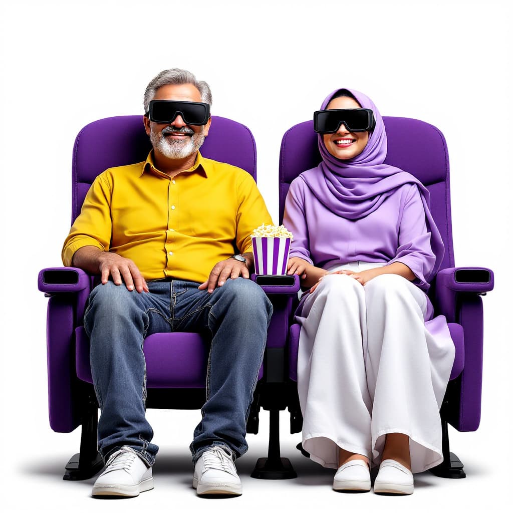 AI generated: super realistic photo of A Bahraini couple wearing black 3d cinema glasses, smiling, seating on two ...