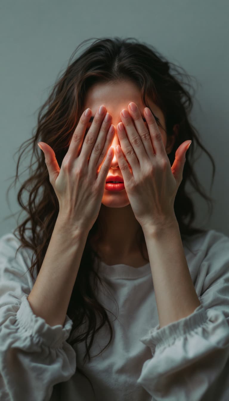 AI generated: woman standing with her hands in front of her eyes palms facing towards the viewer, cinematic lighti...