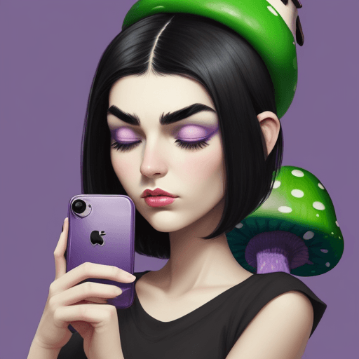 AI generated: Artistic illustration of a girl with black hair and green eyebrows holding an iphone 11 and being up...
