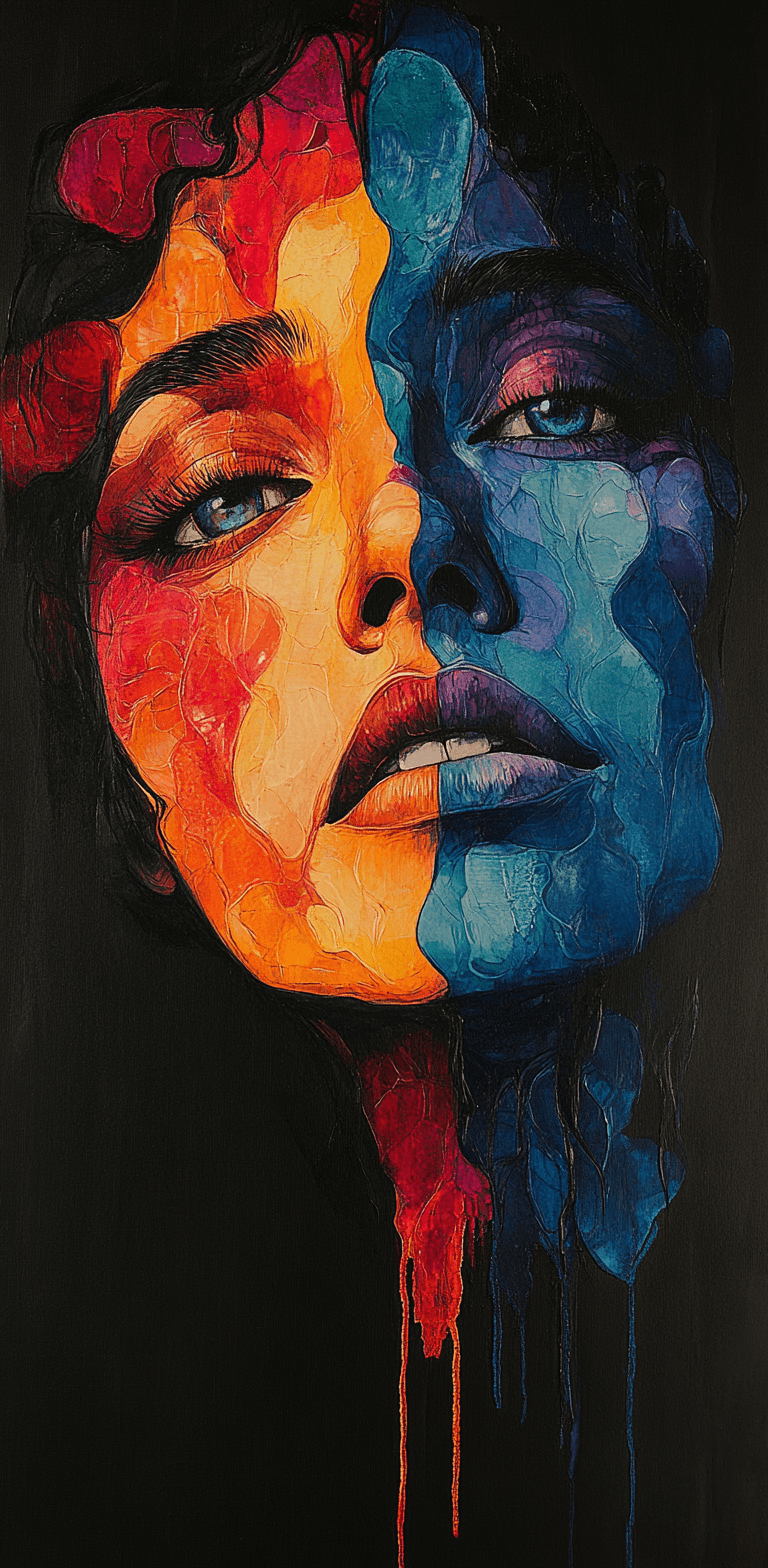 AI generated: colorful illustration by Wadim Kubel and James Jean of a woman, half-body portrait, psychedelic, fac...