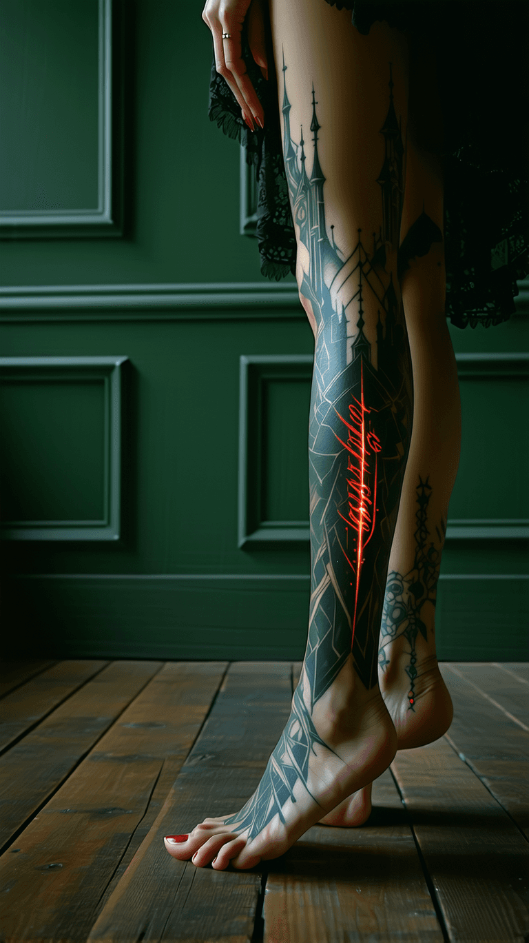AI generated: 
A surreal, ultra-realistic leg tattoo photograph in a gothic art studio — full-body view from the b...