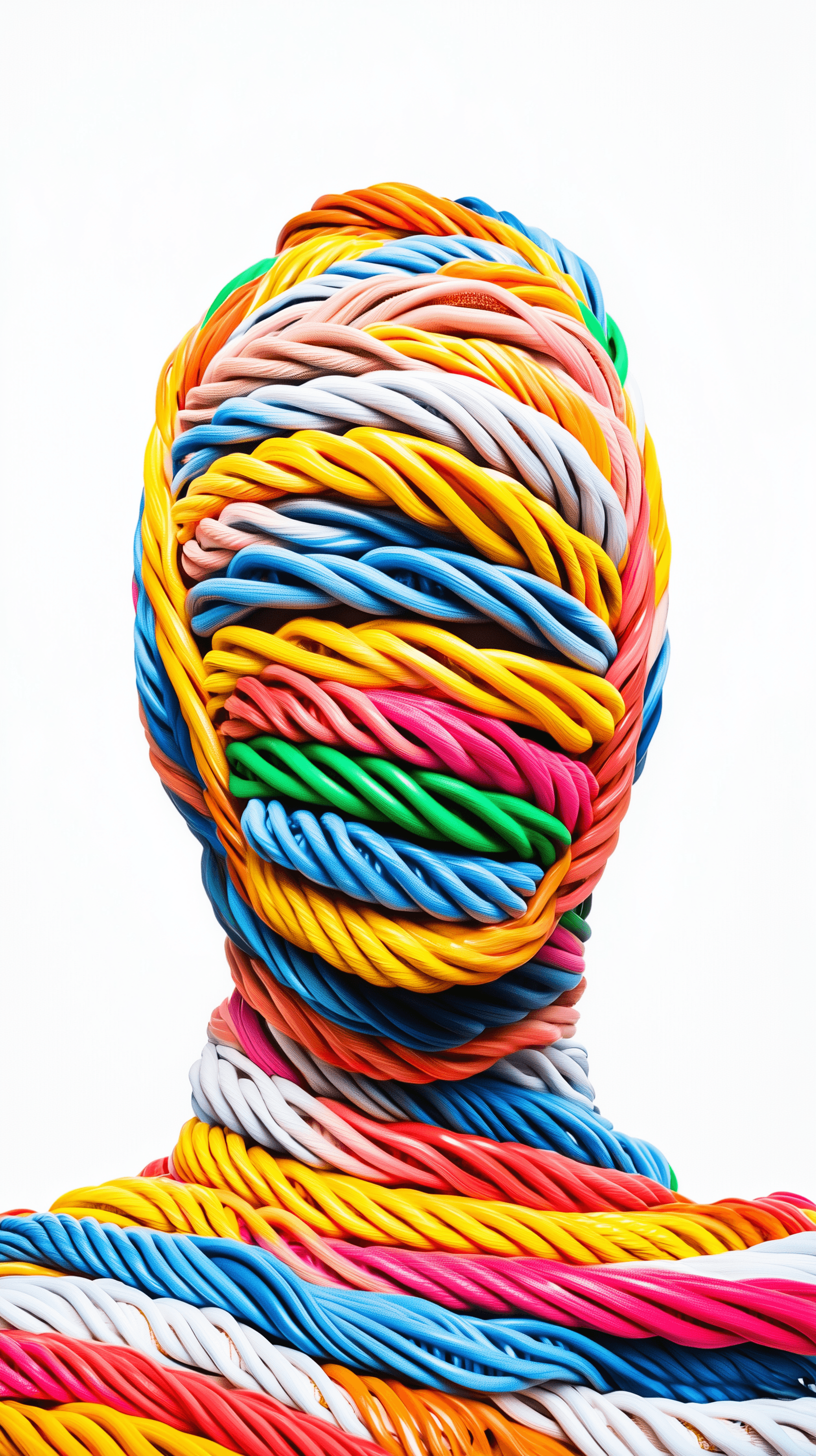 AI generated: editorial photography, front shot, woman upper body, colorful cable representation with profound com...
