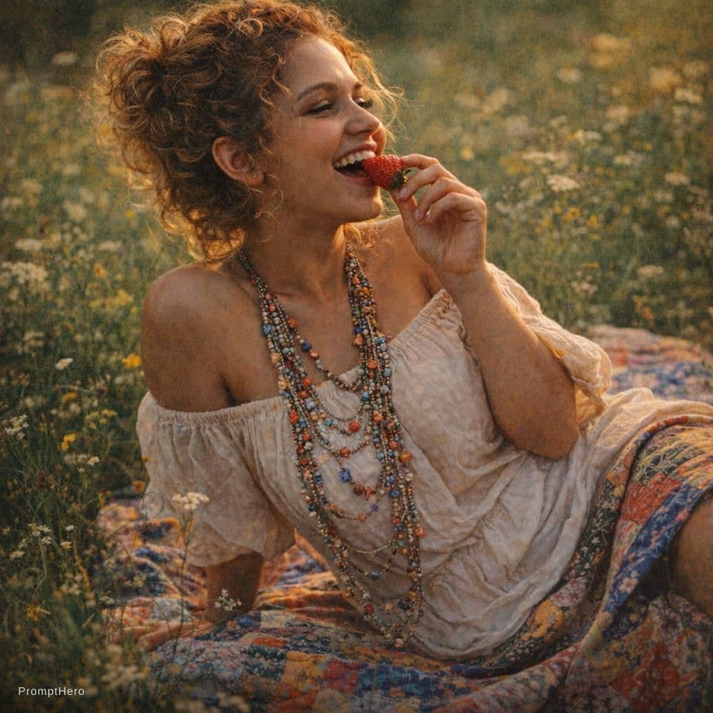 AI generated: A full-figured woman with thick, sun-kissed golden curls piled loosely atop her head lounges on a vi...