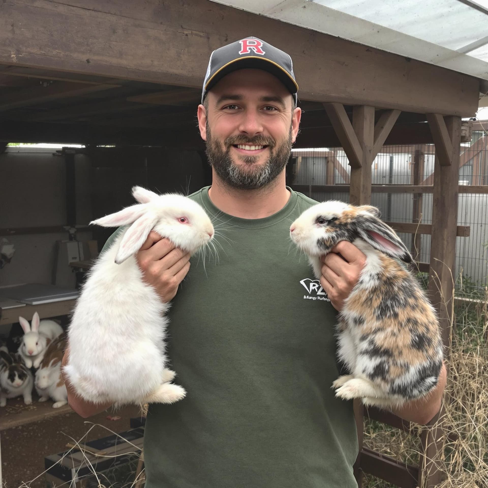 AI generated: In the photo he is standing in a rabbitry and holding rabbits by the ears while looking at the camer...