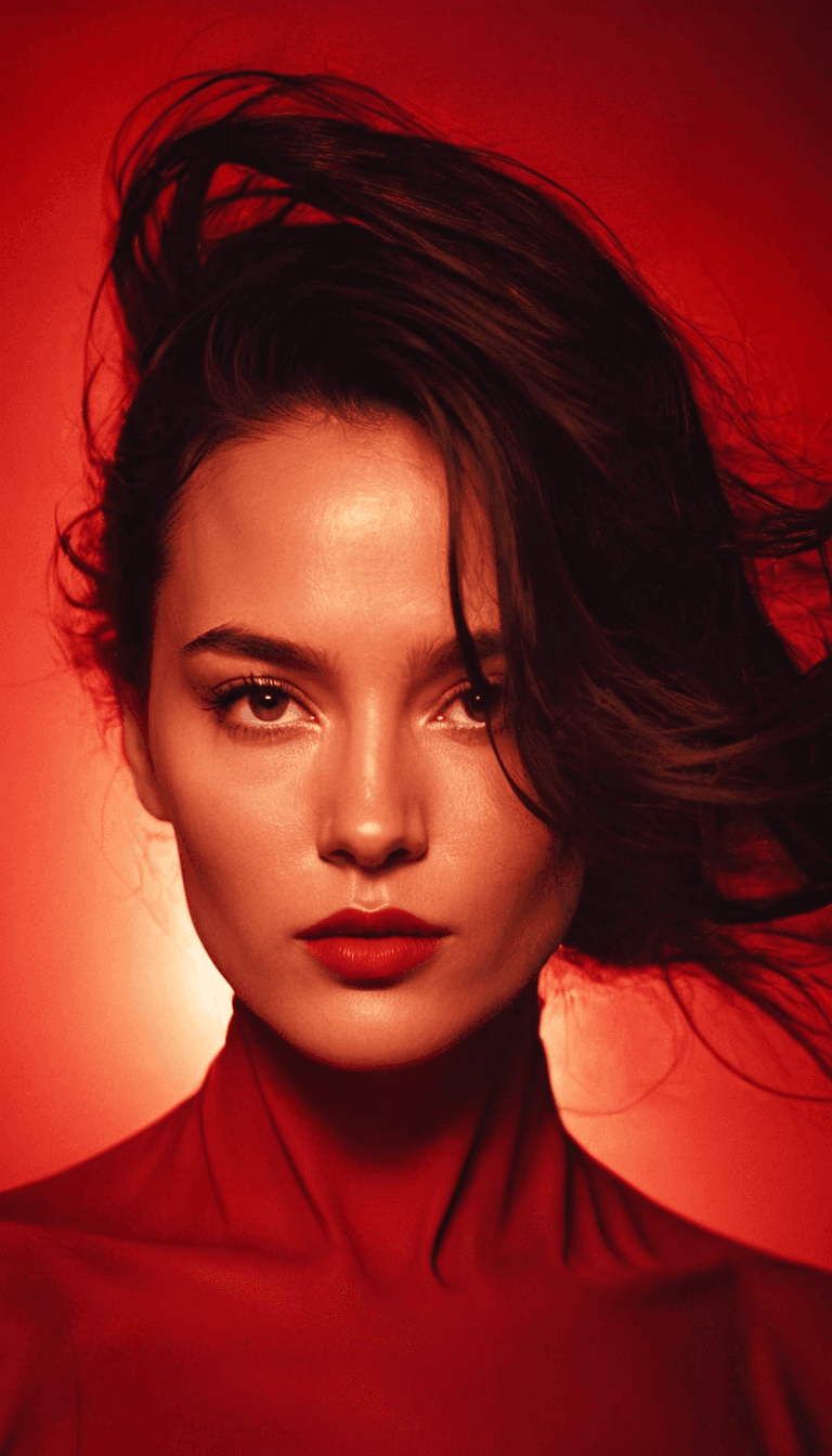 AI generated: digital art, fashion editorial, a mystical woman's face is partially obscured by hair, set against a...