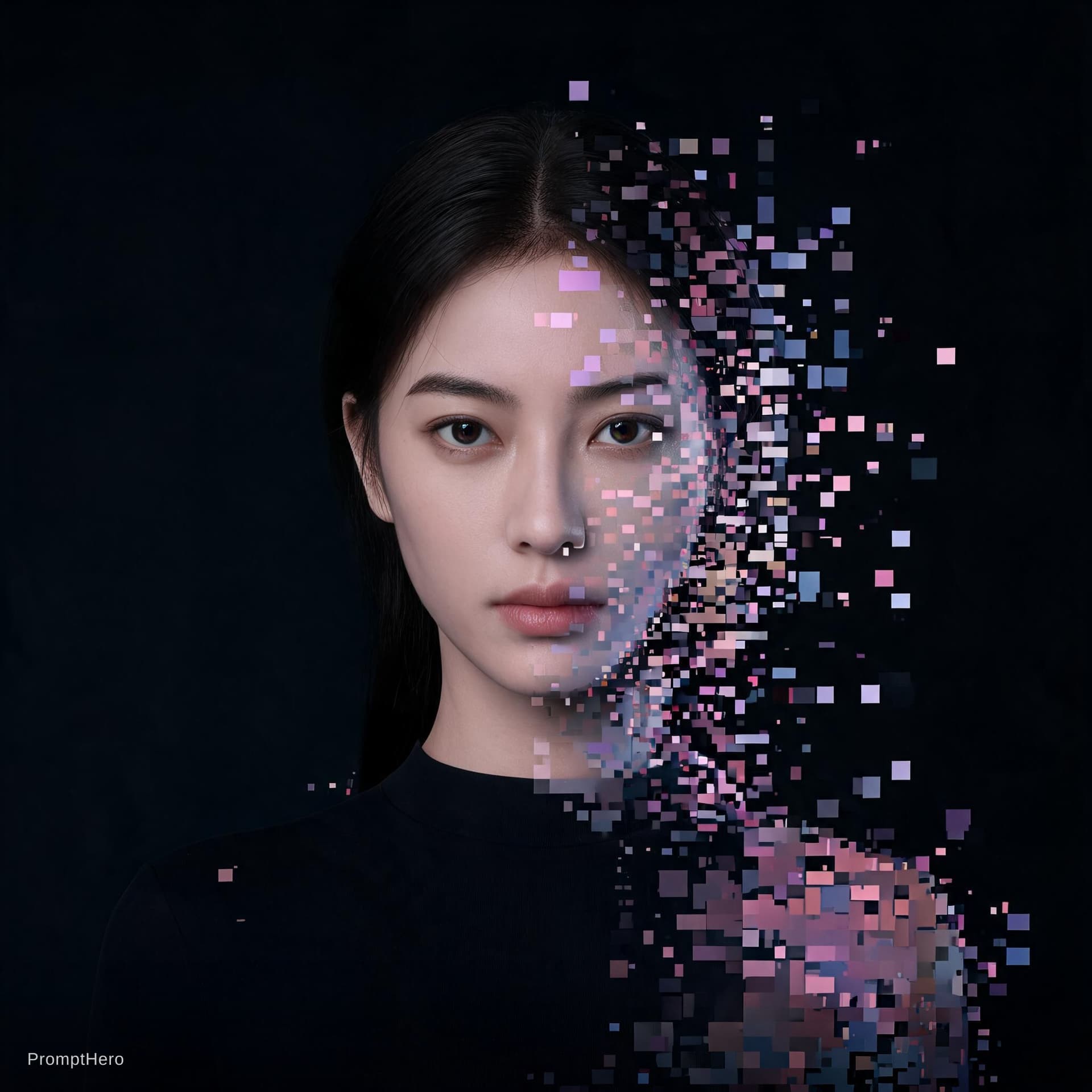 AI generated: portrait of a woman, front shot, gaze, avant-garde styled, wearing a minimalist black wear, features...