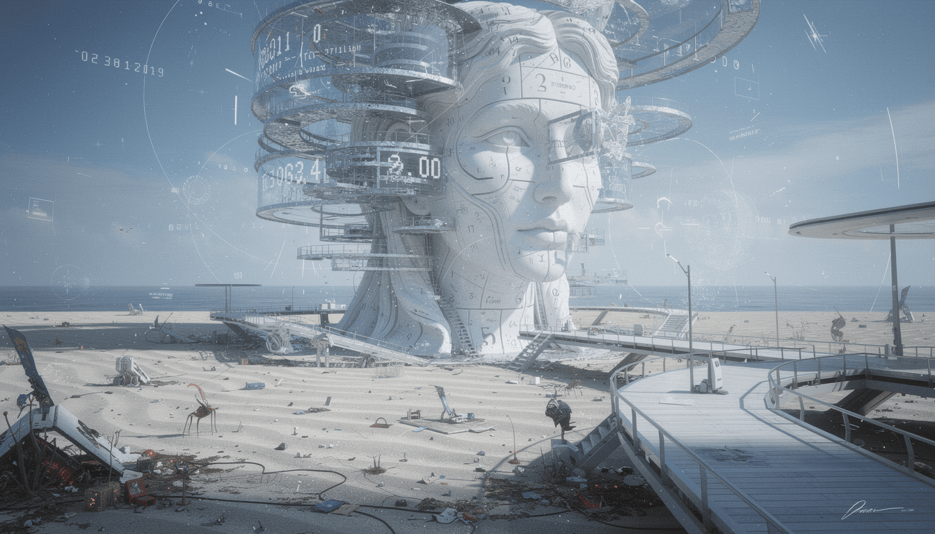 AI generated: In a surreal, futuristic landscape, bosh style a giant white androgynous face has hyper-realistic, r...