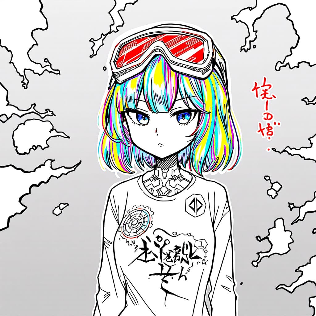 AI generated: 1 girl, solo, simple background, safety goggles on head, techwear, (iridescent hair1.2) , mechanic, ...