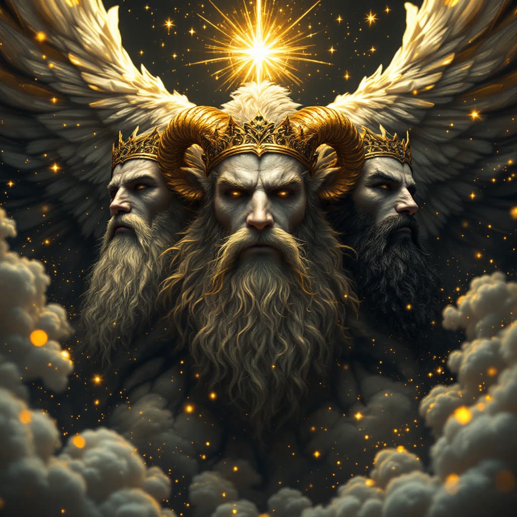 AI generated: TRES REYES MASCULINOS LOS TRES UNO PIEL BLANCA OTRO DE PIEL MORENA Y EL OTRO PIEL NEGRA INCADOS BAJO...