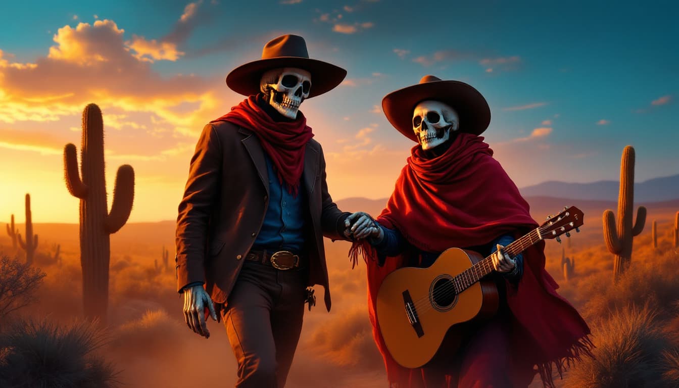 AI generated: Hola, quiero la siguiente imagen: Un hombre junto a dos calaveras con poncho. El hombre lleva pañuel...