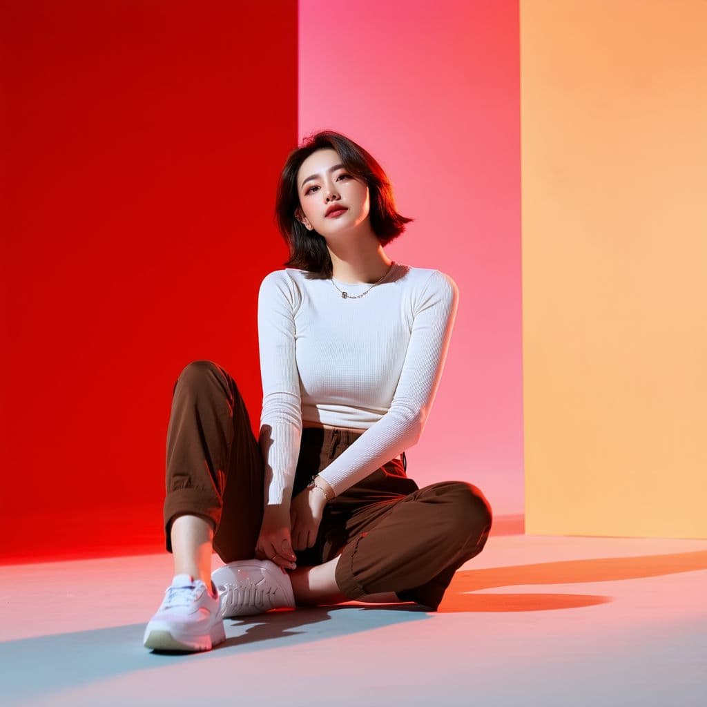 AI generated: wide and low angle, cinematic, fashion photography for the brand Uniqlo. Woman sitting on floor wear...