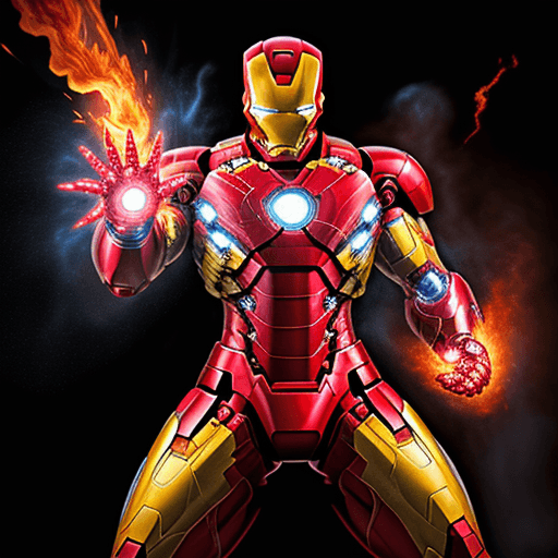 AI generated: Iron man transforms into Super Saiyan in incendiary display of fire enveloping bending to his will, ...