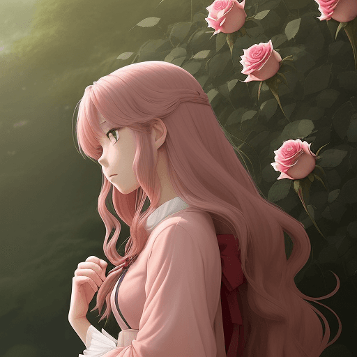 AI generated: studio ghibli photography, 真紅の天竺牡丹娘／19歳娘,rose color heir,rose  color eye
