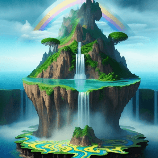 AI generated: A surreal landscape with floating islands and waterfalls, in the style of Salvador Dali, but with th...