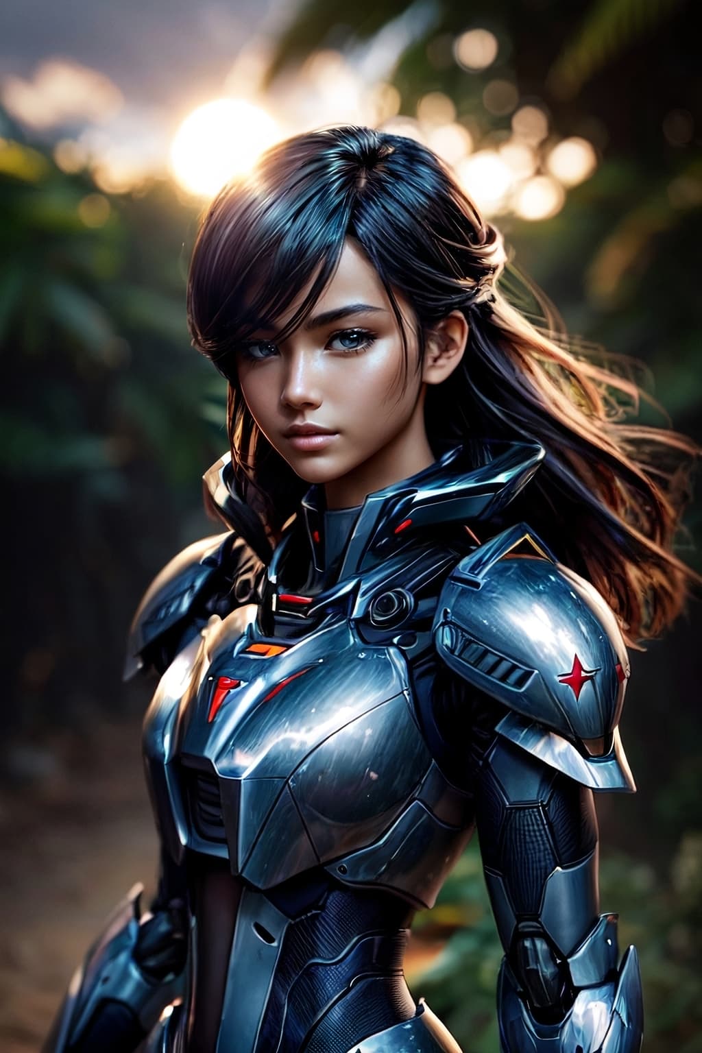 AI generated: style, sleek body armor, mecha soldier, portrait, 85mm, f1.8, close up, photo realistic, jungle back...