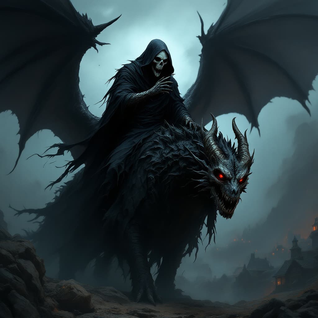 AI generated: A dark, foreboding scene featuring a figure resembling death, mounted on a large black dragon, looki...