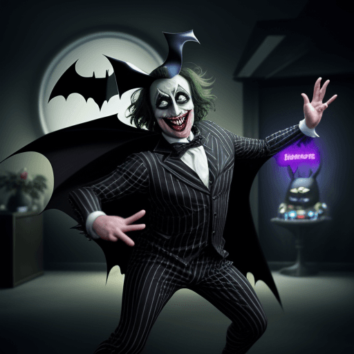 AI generated:  beetlejuice in a batman costume ... dancing in front of the batmobile