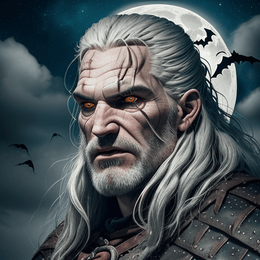 AI generated: Giant witcher in shock, hair made entirely of skinny snakes, bulging eyes, long nose with wart, wrin...