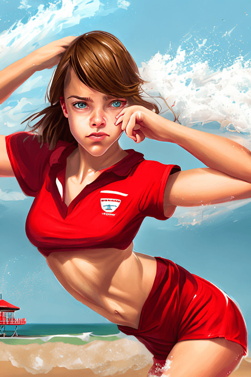 AI generated: 1 adult girl, (full body), (action shot), (dynamic pose), (a girl as a lifeguard wearing a plain whi...