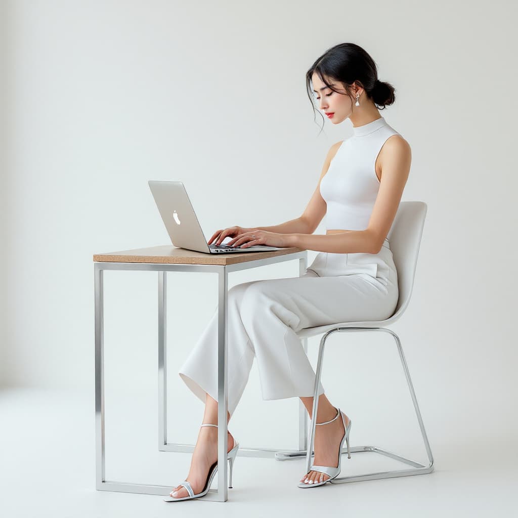 AI generated: create an image of a young Korean female model with black hair in a low bun like Bella Hadid, captur...