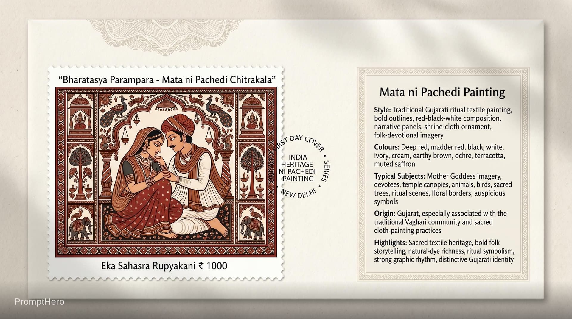 AI generated: Create a 16:9, 4K premium commemorative First Day Cover envelope inspired by India Post heritage des...