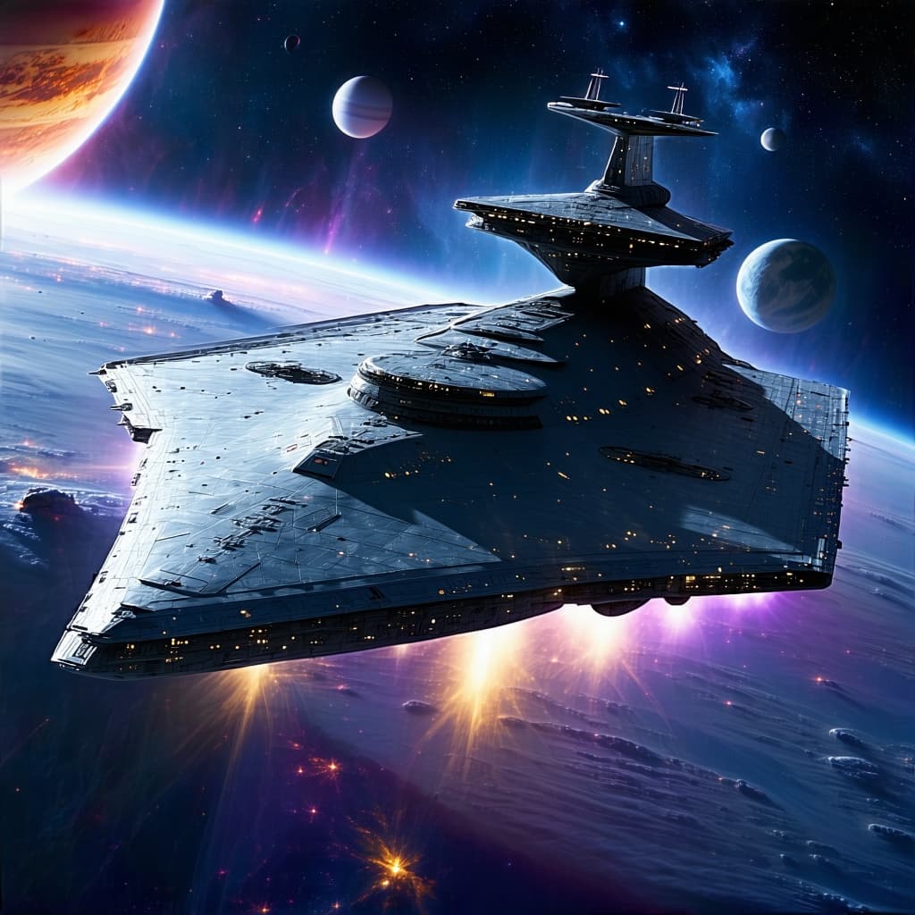 AI generated: Imagine, in detail, a massive supercarrier alien spaceship to show a sleek design. Add paint colorin...