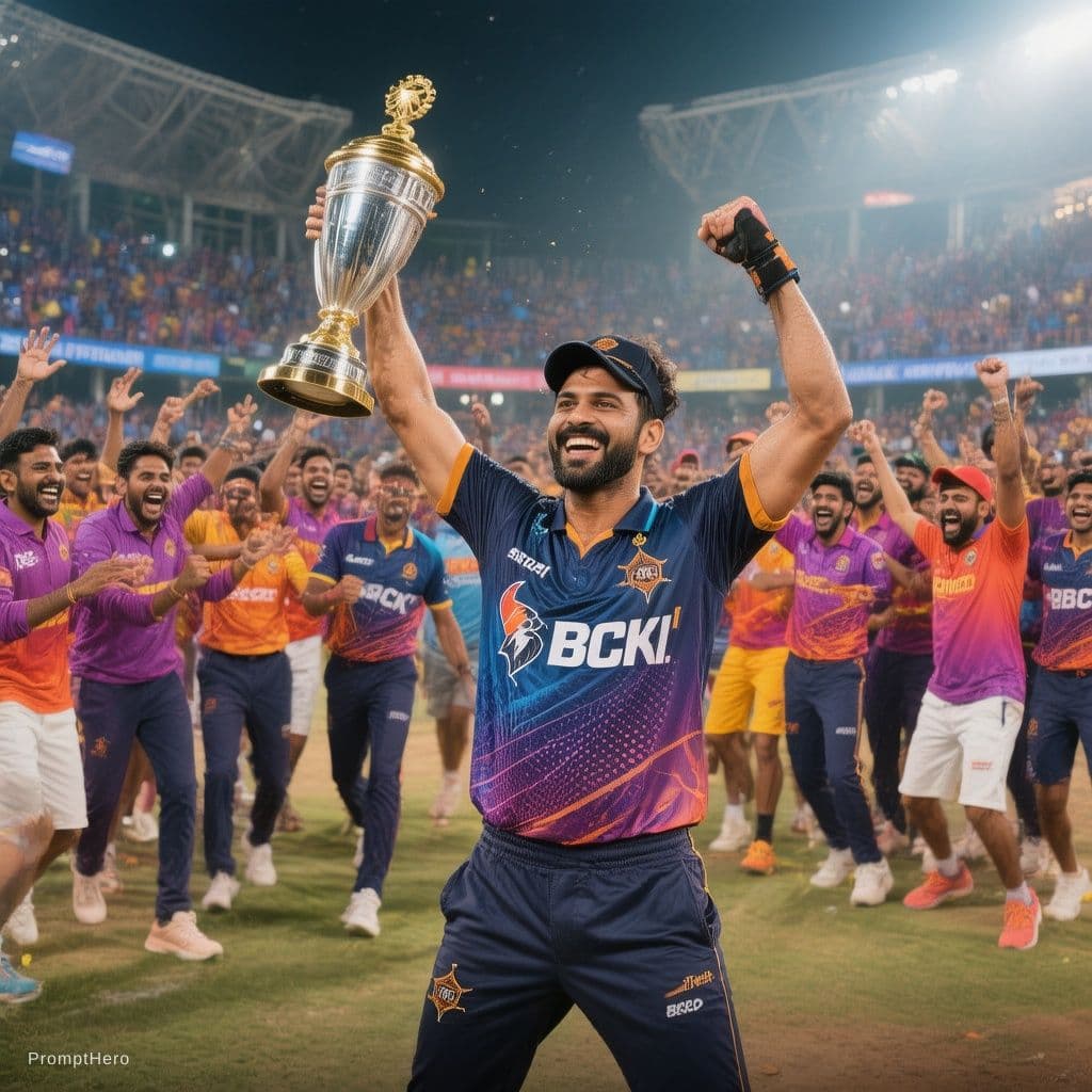 AI generated: Lifting the trophy with RCB ipl team in front of the team with full celebration 
