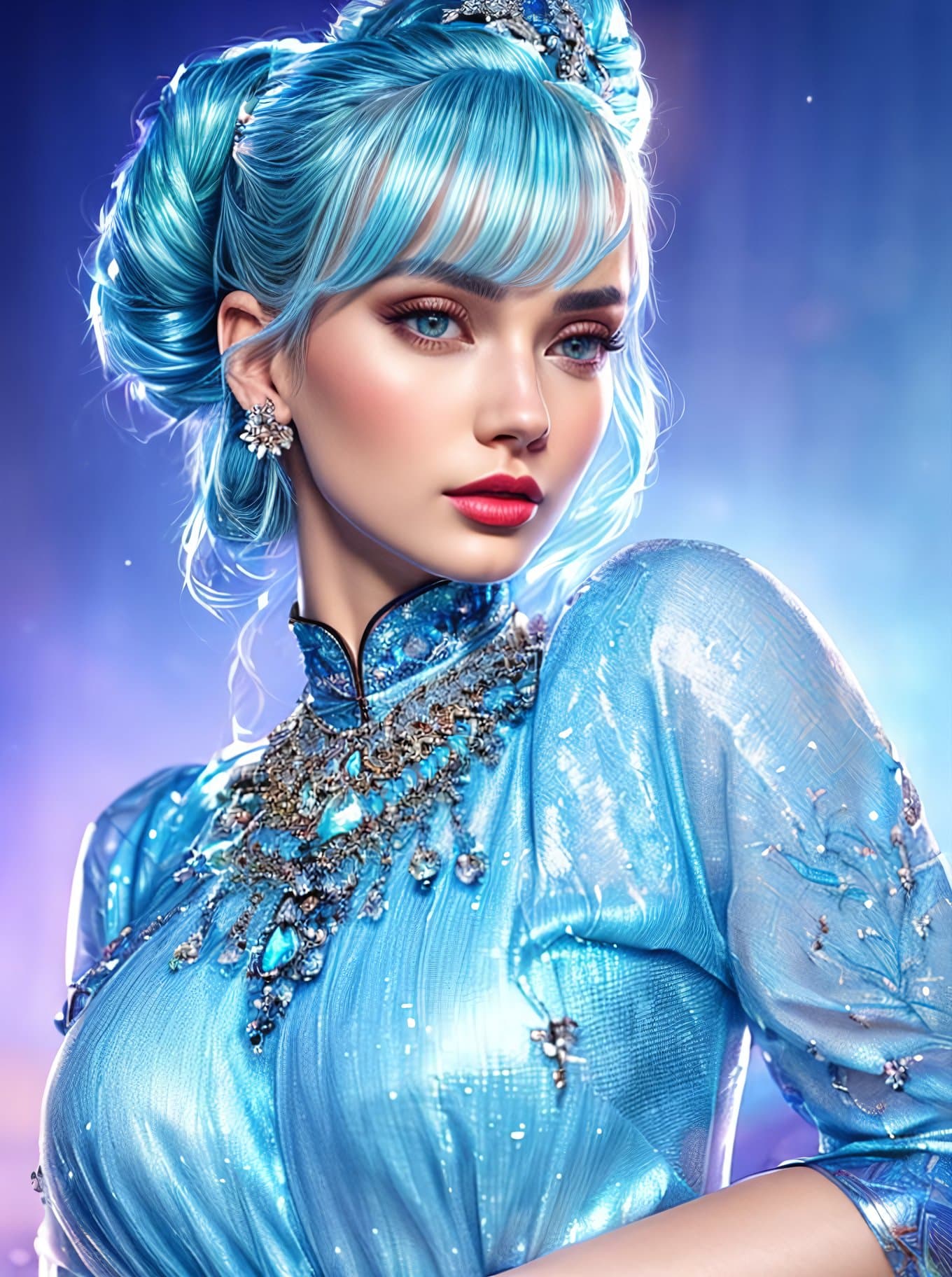 AI generated: An extremely gorgeous woman, with top knots full of cyan jewelers, delicate intricate iridescent det...