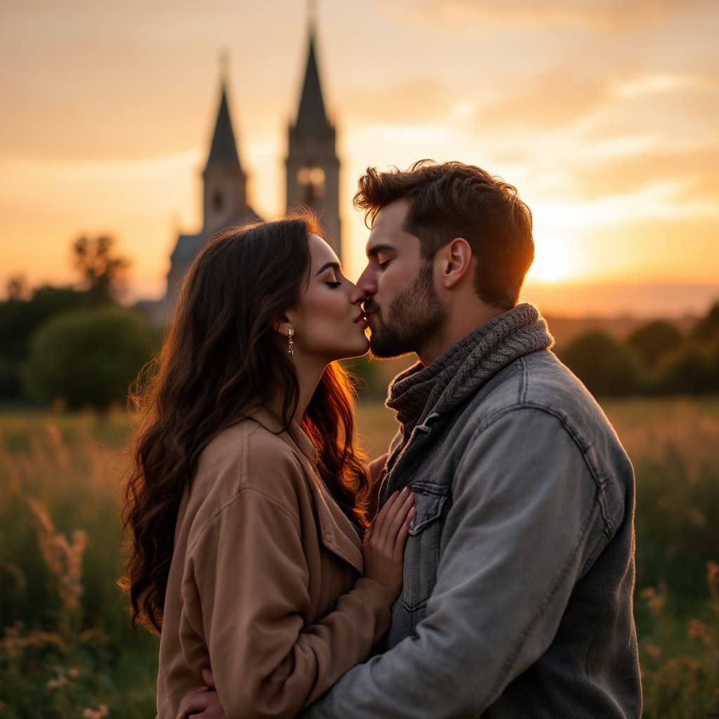 AI generated: beautiful 40yo women near a church during sunset. standing with a man kissing each other