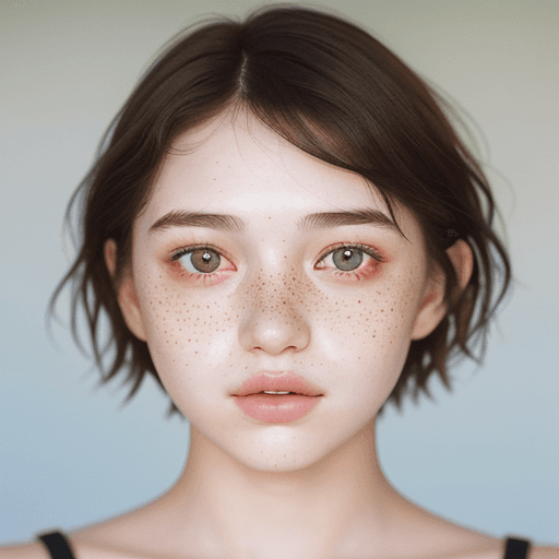 AI generated: Detailed and realistic portrait of a 20 year old woman with freckles, round eyes and short messy hai...