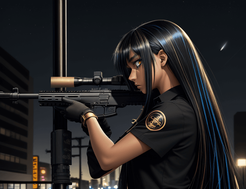 AI generated: side view emo beautiful tan skin girl. 18. gold eye iris. black shirt. blue highlights on black hair...