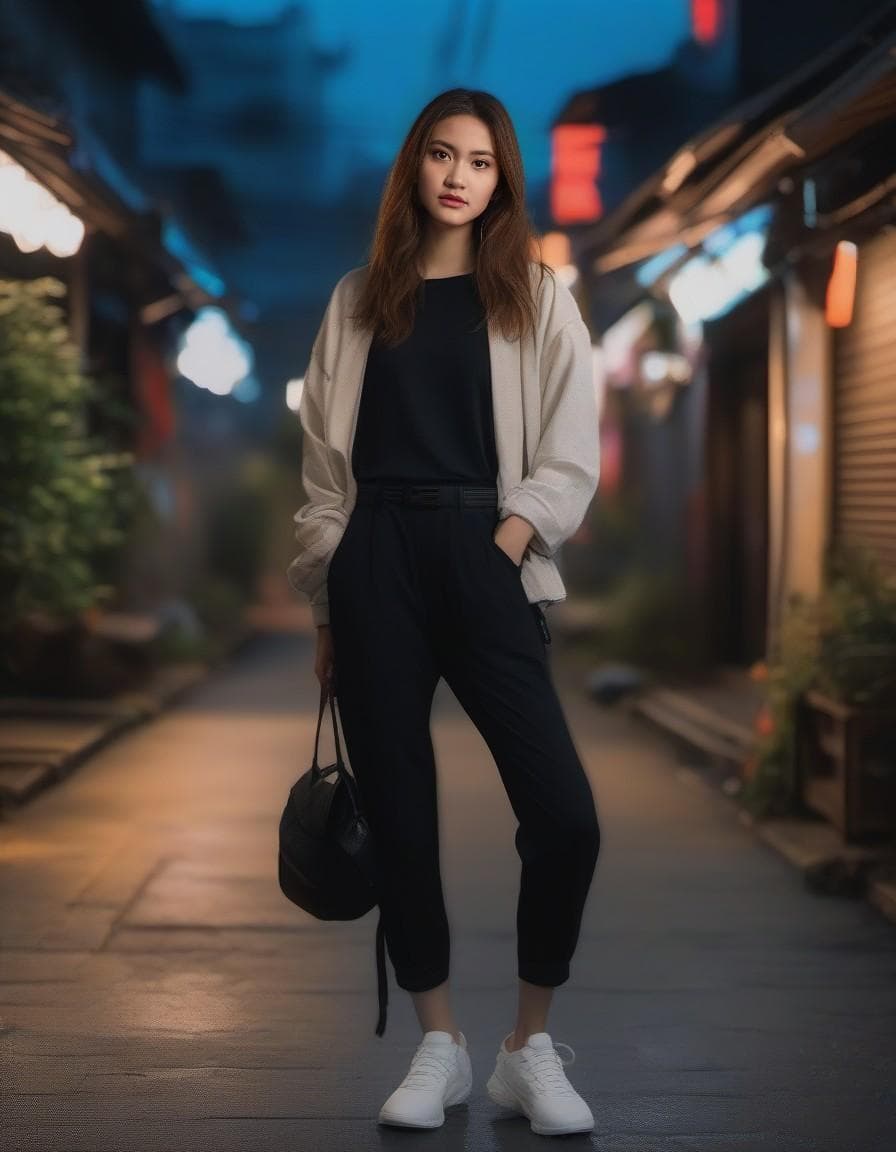 AI generated: [((max of small parts)), slender asian girl slender stunning girl baggy clothes (black) trousers, sn...
