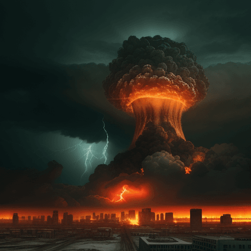 AI generated: Highly detailed and dramatic rare photo (Post-apocalypse) on the background of a city, nuclear explo...