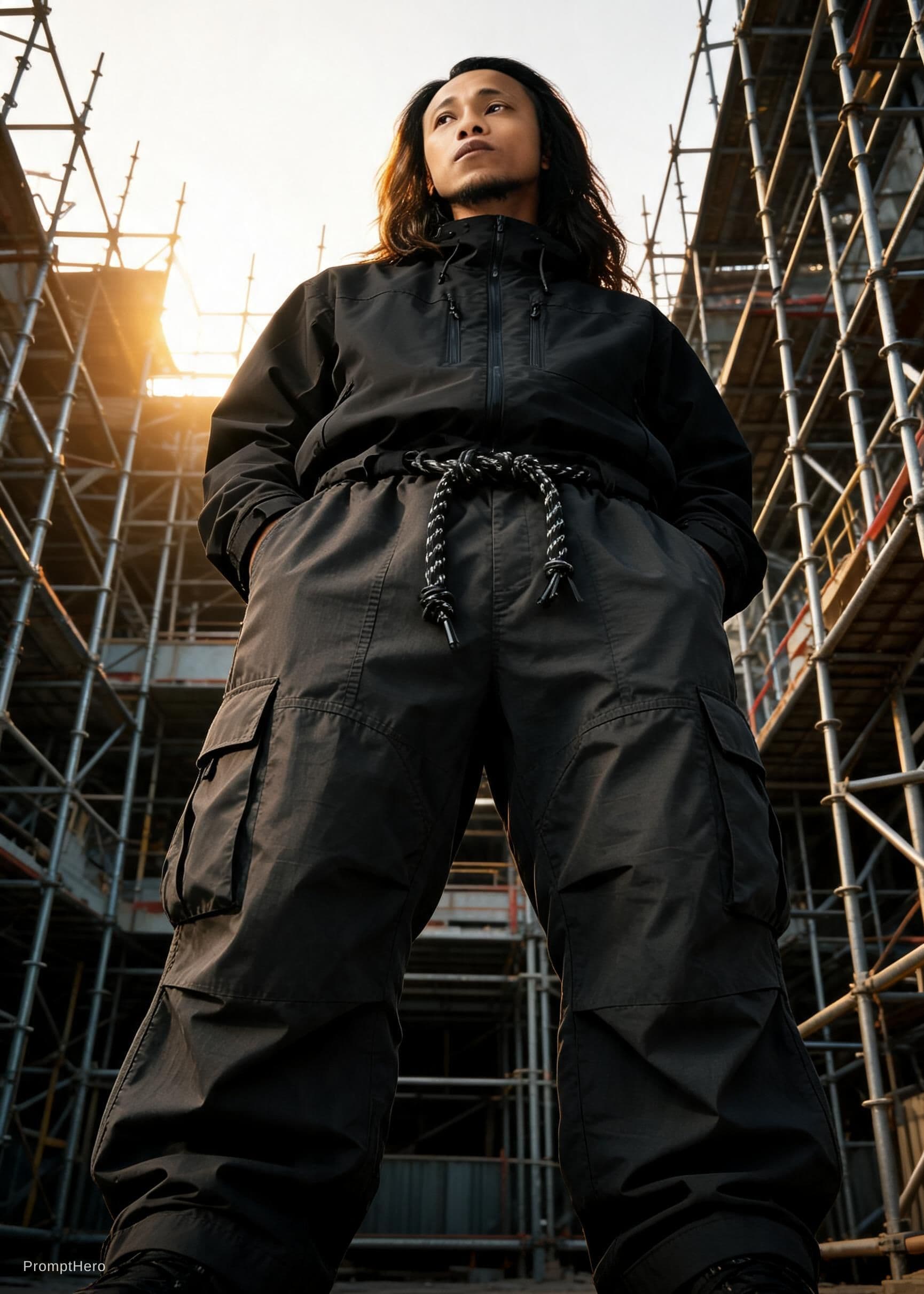 AI generated: photorealistic, wide angle, toe to head composition, distorted, street style of fashion, man model, ...