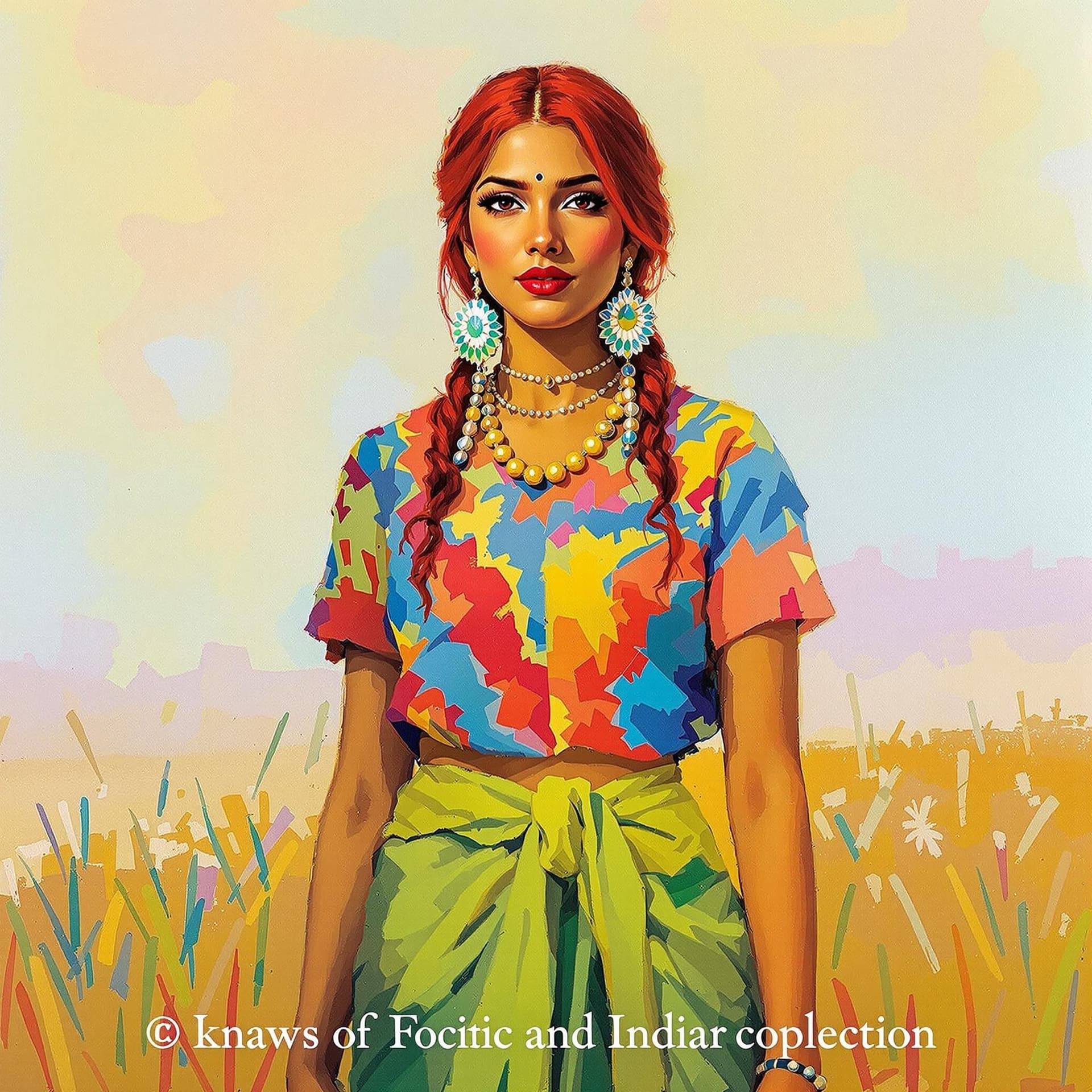 AI generated: The image features a painting of an Indian woman with red hair, wearing a colorful shirt and green s...