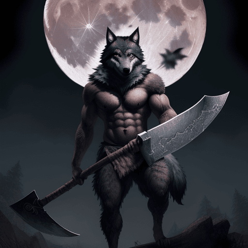 AI generated: a wolf wearing a blindfold over its eyes carrying a axe with a full moon behind him, hyper realistic...