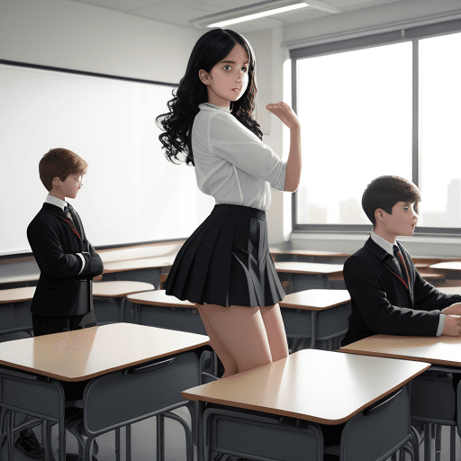 AI generated: A panoramic view of a classroom, gorgeous teacher with class of young boys, white blouse, short blac...