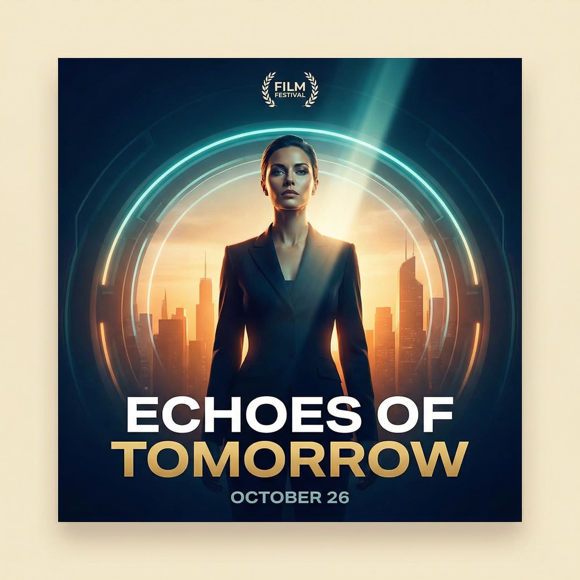AI generated: Eye-catching cinematic movie poster designed for social sharing. A modern protagonist with confident...