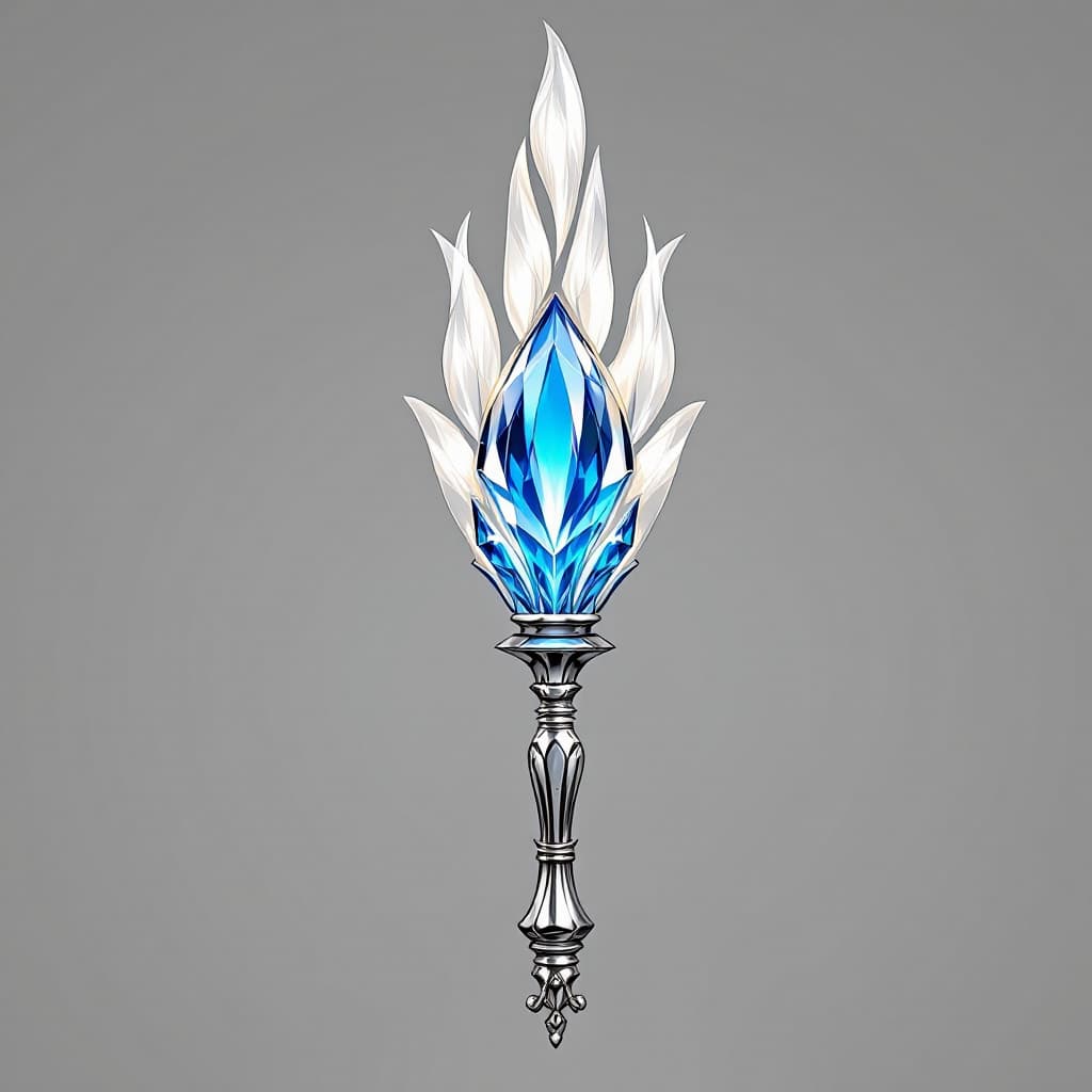 AI generated: Short, smooth, elegant, kingly silver scepter, smooth metal edges, rounded bottom, multifaceted blue...
