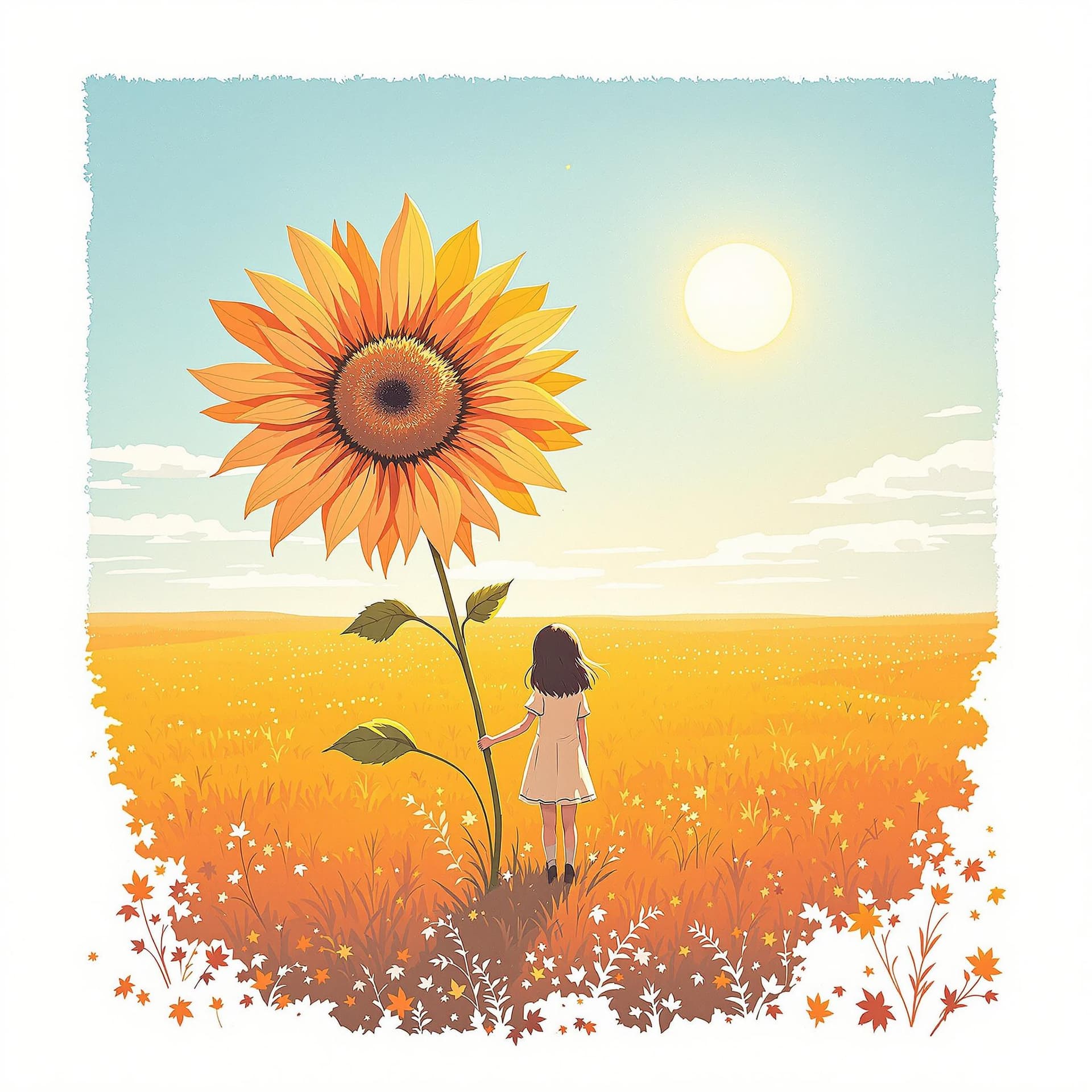 AI generated: A girl holding a huge flower, micro art, girl standing in the autumn field basking in the sun, autum...