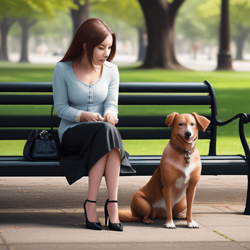 AI generated: a young lady sits on the bench in the park while her dog sits near her and 
 her high heels shoes