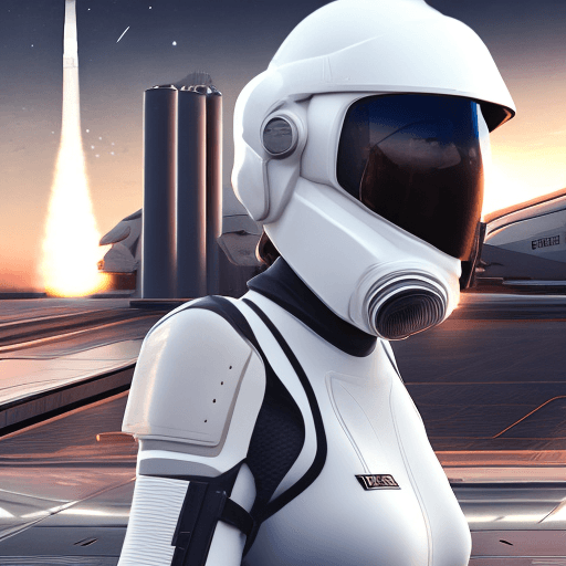AI generated: armed female figure in a white sci-fi suit (tight jumpsuit), at the spaceport, against the backgroun...