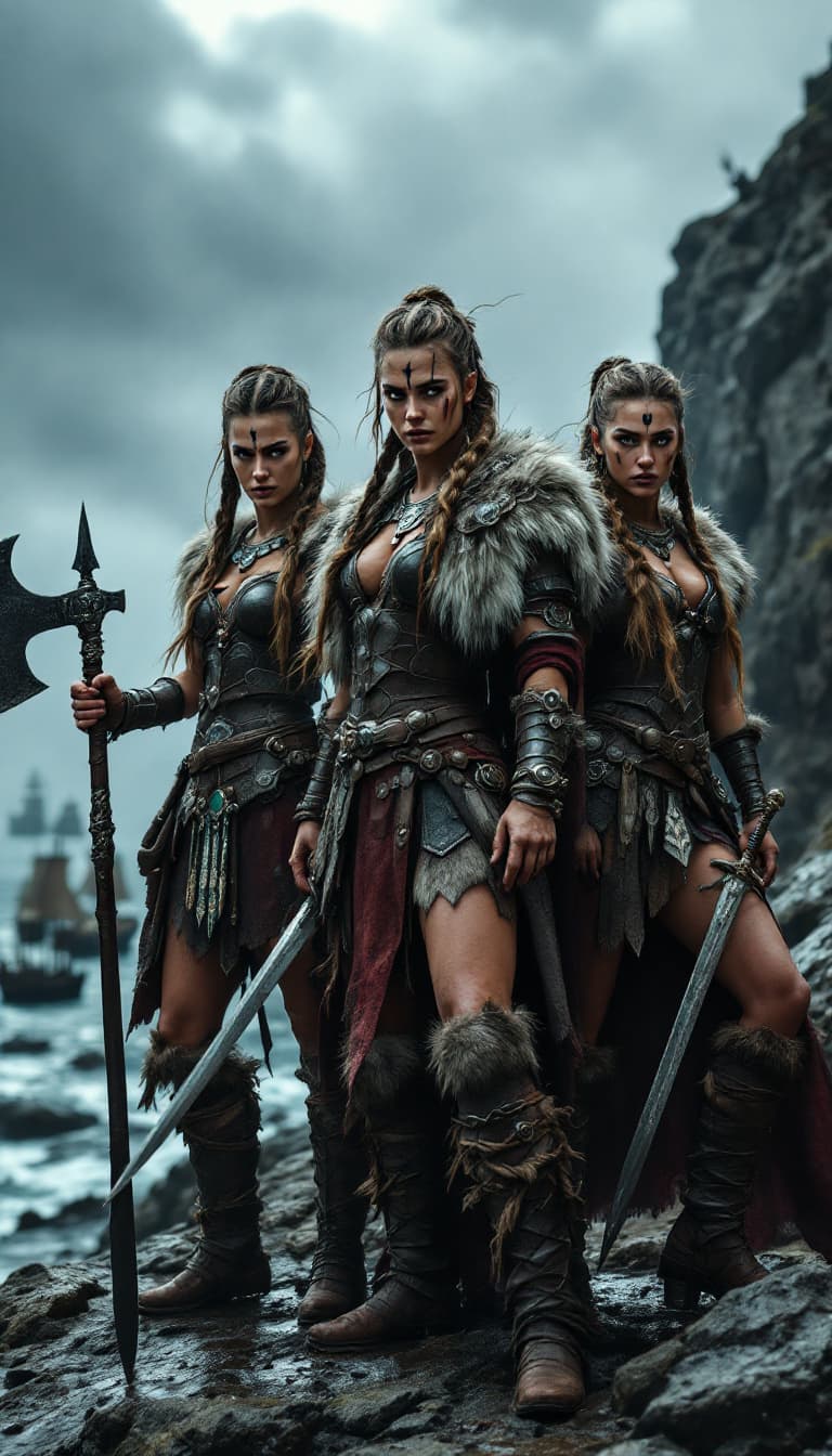AI generated: A group of three fierce Viking warrior women standing together in a battle-ready pose; wearing intri...