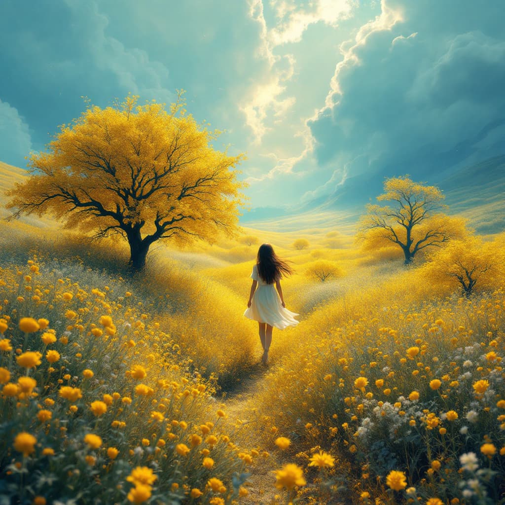 AI generated: a girl walking through a field, in the style of ethereal trees, dark yellow and azure, majestic, swe...